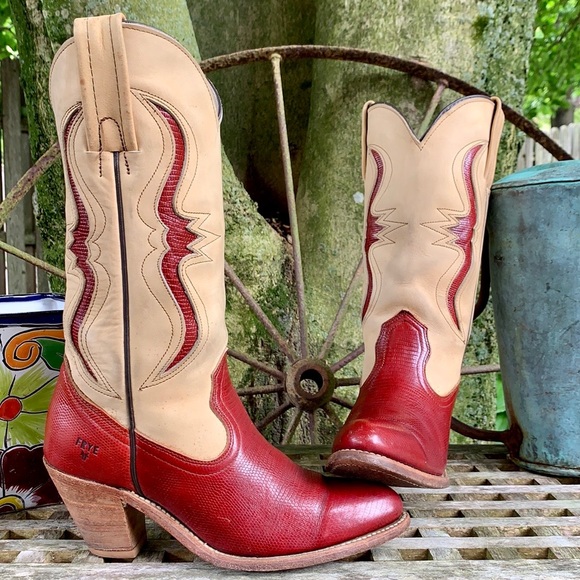 FRYE Vintage Red Lizard Leather Heeled Western Cowboy Boots—Made in USA, Size 7 - Picture 11 of 12